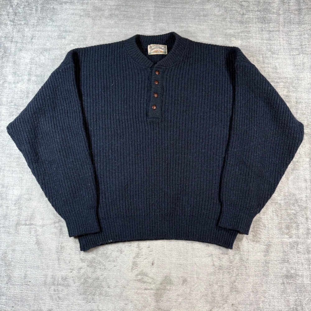 Vintage London Fog Sweater Mens XL Blue Henley Ribbed 90s Knit Pullover Outdoor